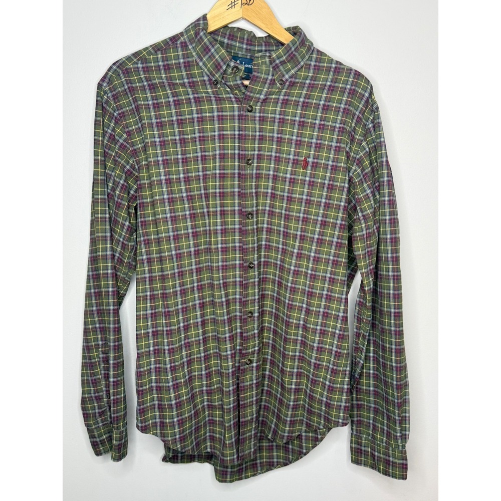 Ralph Lauren Mens Large Classic Fit Plaid Button Down Shirt Green Burgundy